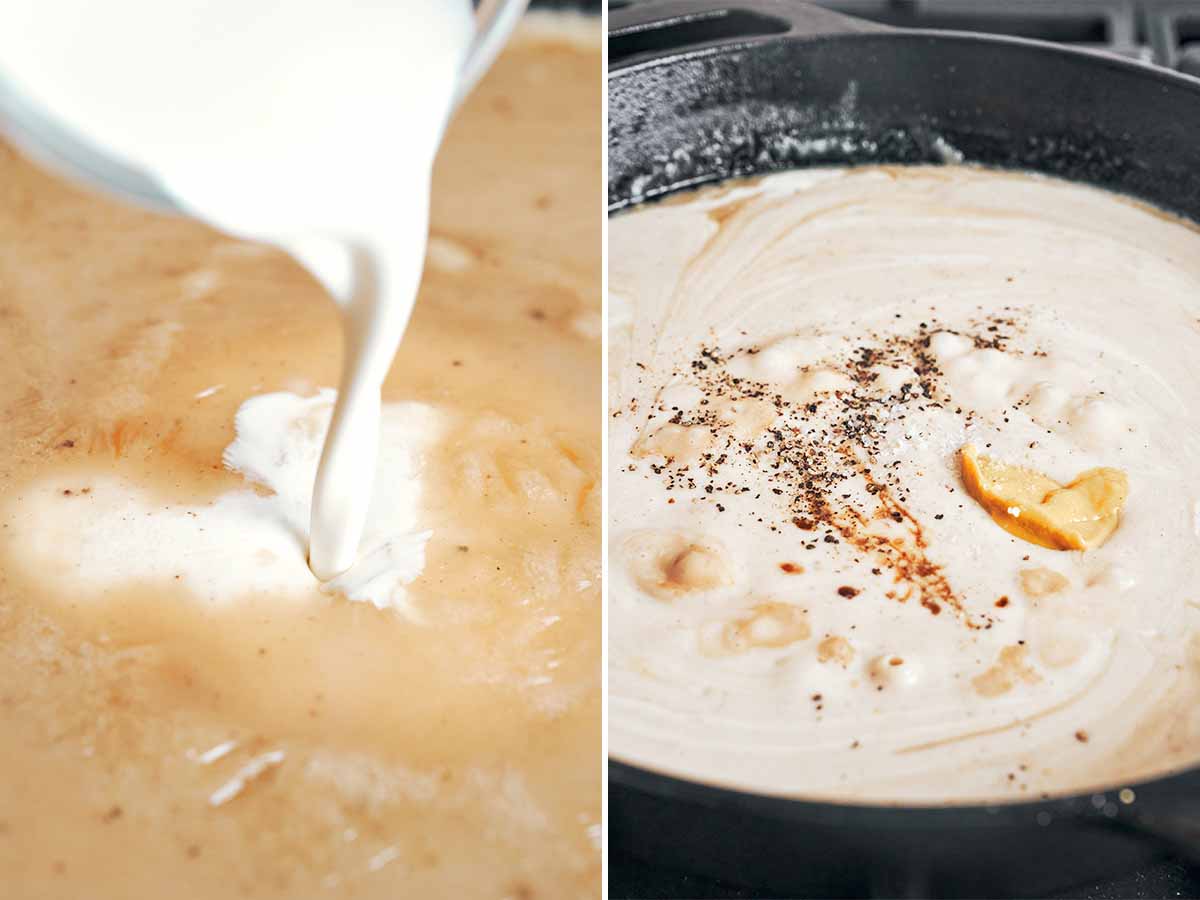 Heavy cream, Dijon, and seasonings stirred into the gravy until smooth and creamy