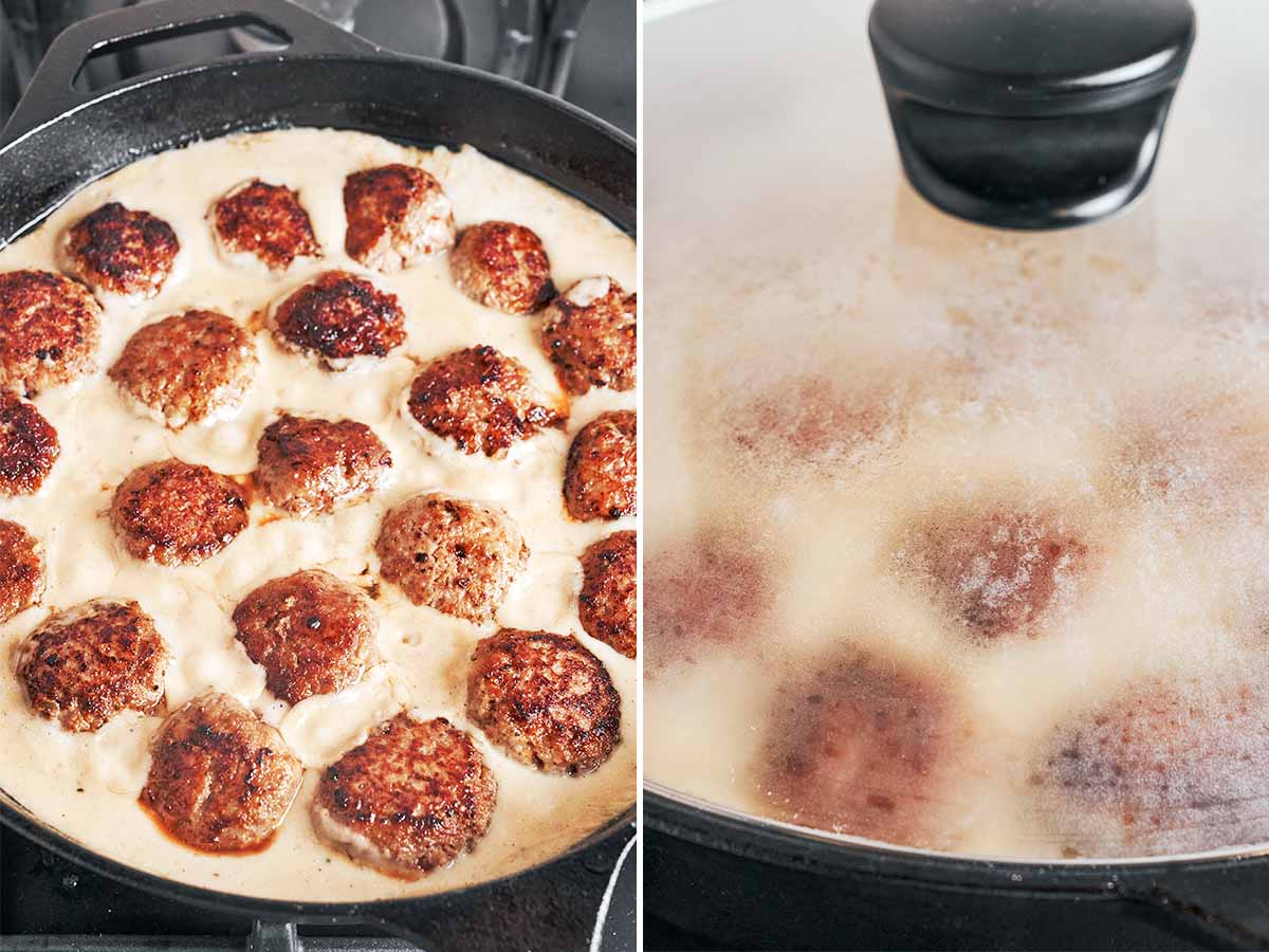 The browned meatballs tucked into the creamy skillet gravy for the final simmer