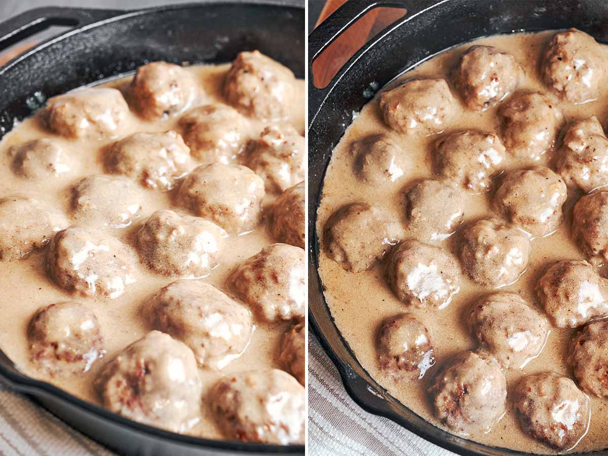 Creamy gravy coating the meatballs after they finish simmering in the skillet