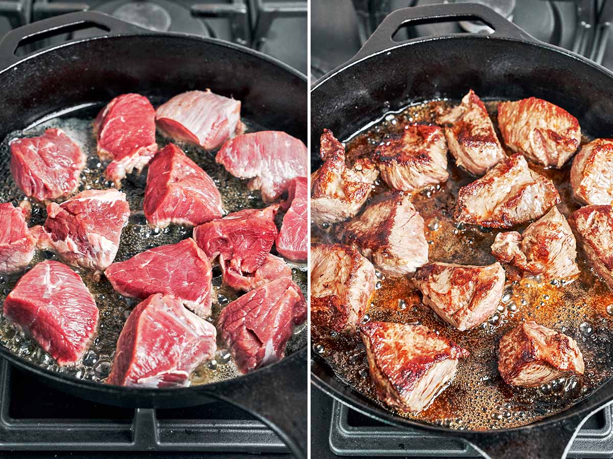 Beef chunks sizzling in butter and oil, then turned to reveal a deep golden-brown crust.