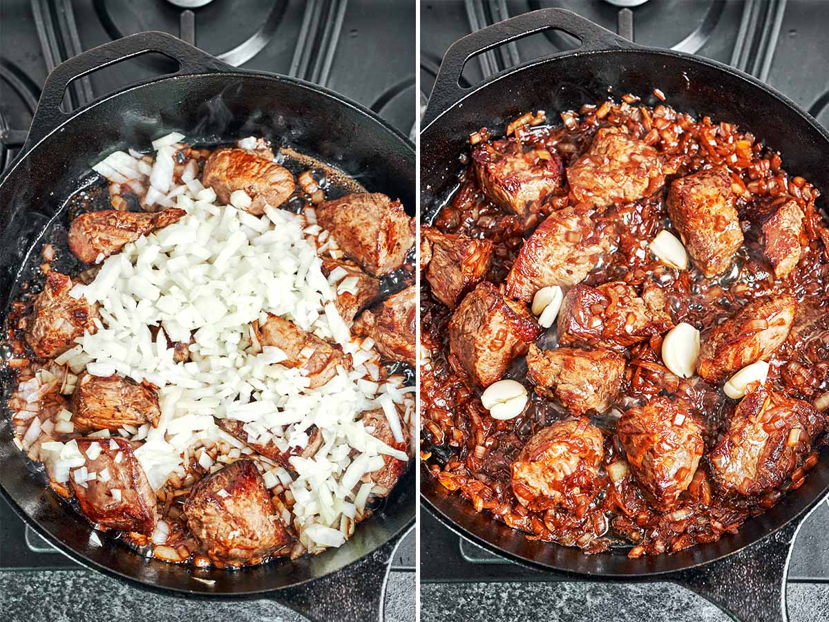 Chopped onions softening around browned beef, followed by crushed garlic cloves nestled between the pieces.