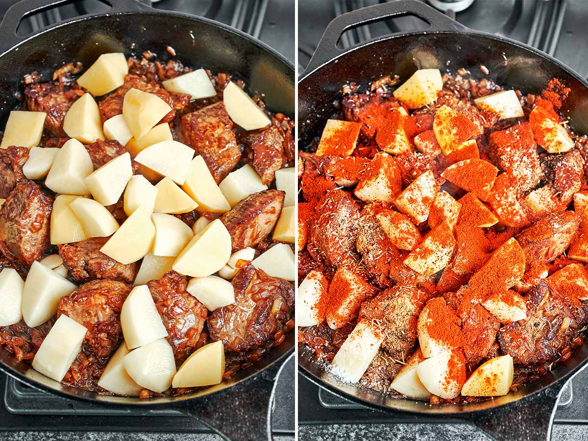 Potato chunks added to browned beef and onions, then sprinkled with paprika, rosemary, and warm spices.
