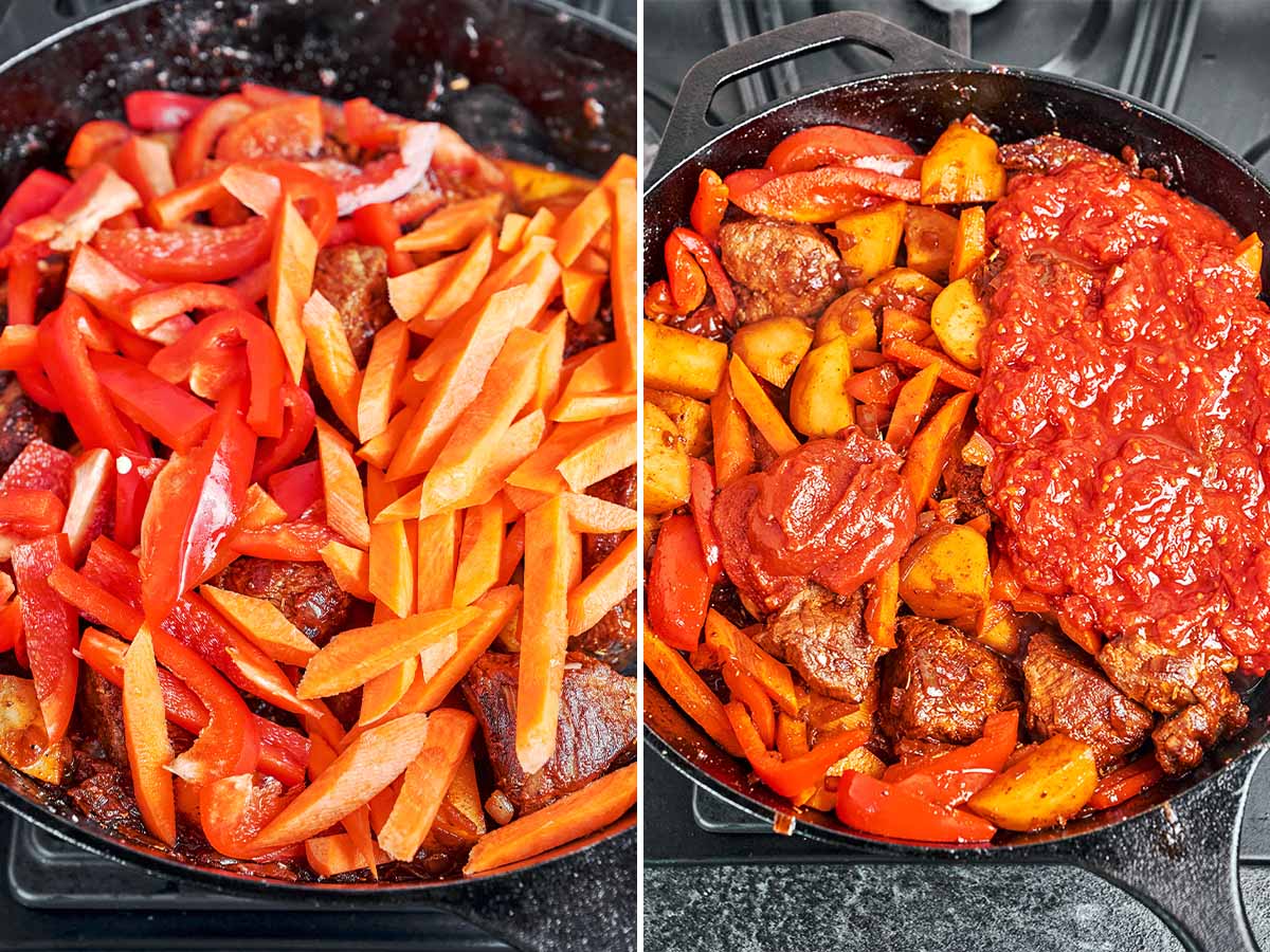 Sliced carrots and red bell pepper piled over the beef and potatoes, followed by crushed tomatoes and a spoonful of tomato paste.