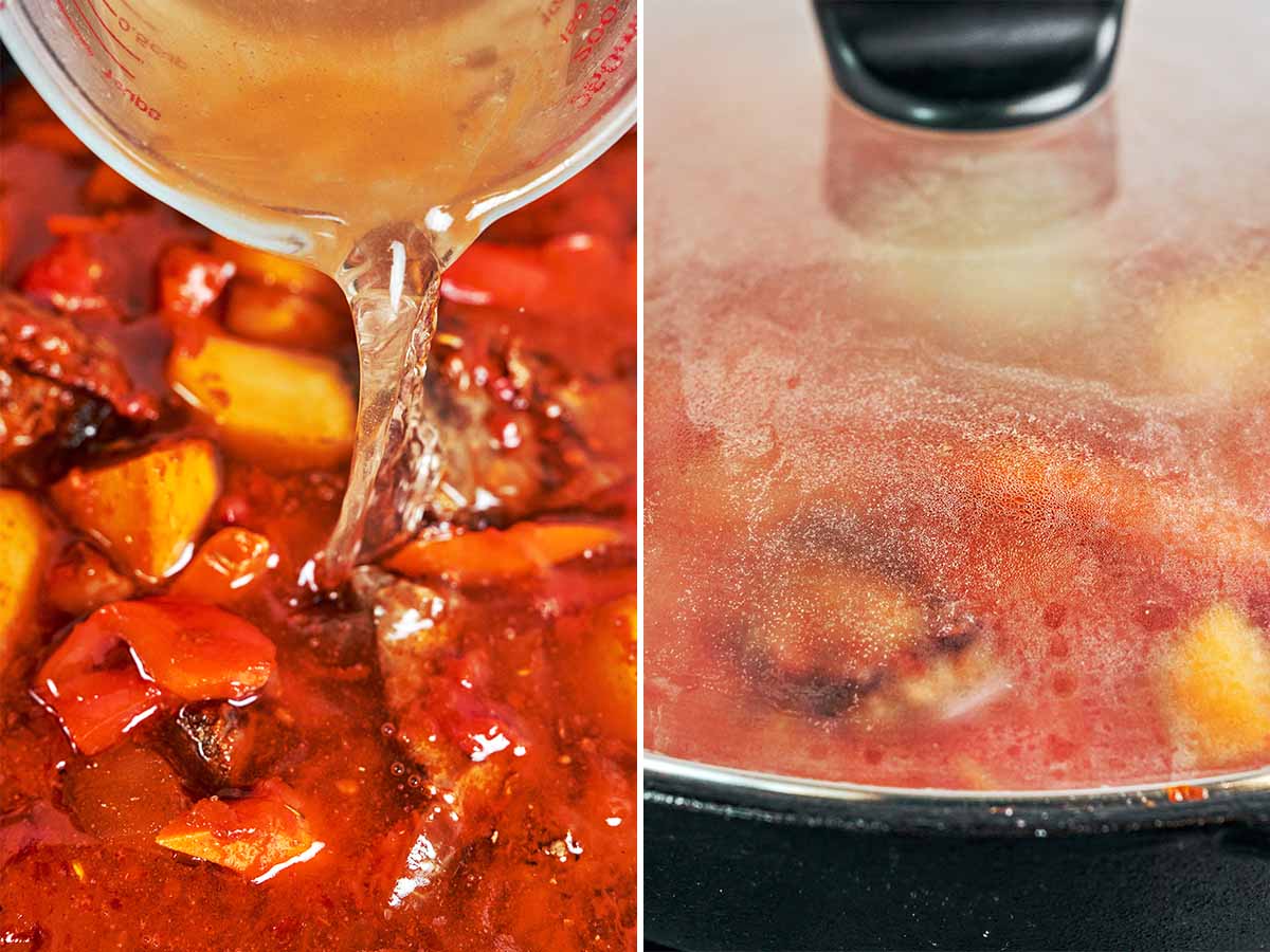 Beef broth poured into the tomato sauce, then the beef and vegetables left to simmer beneath a steamy glass lid.