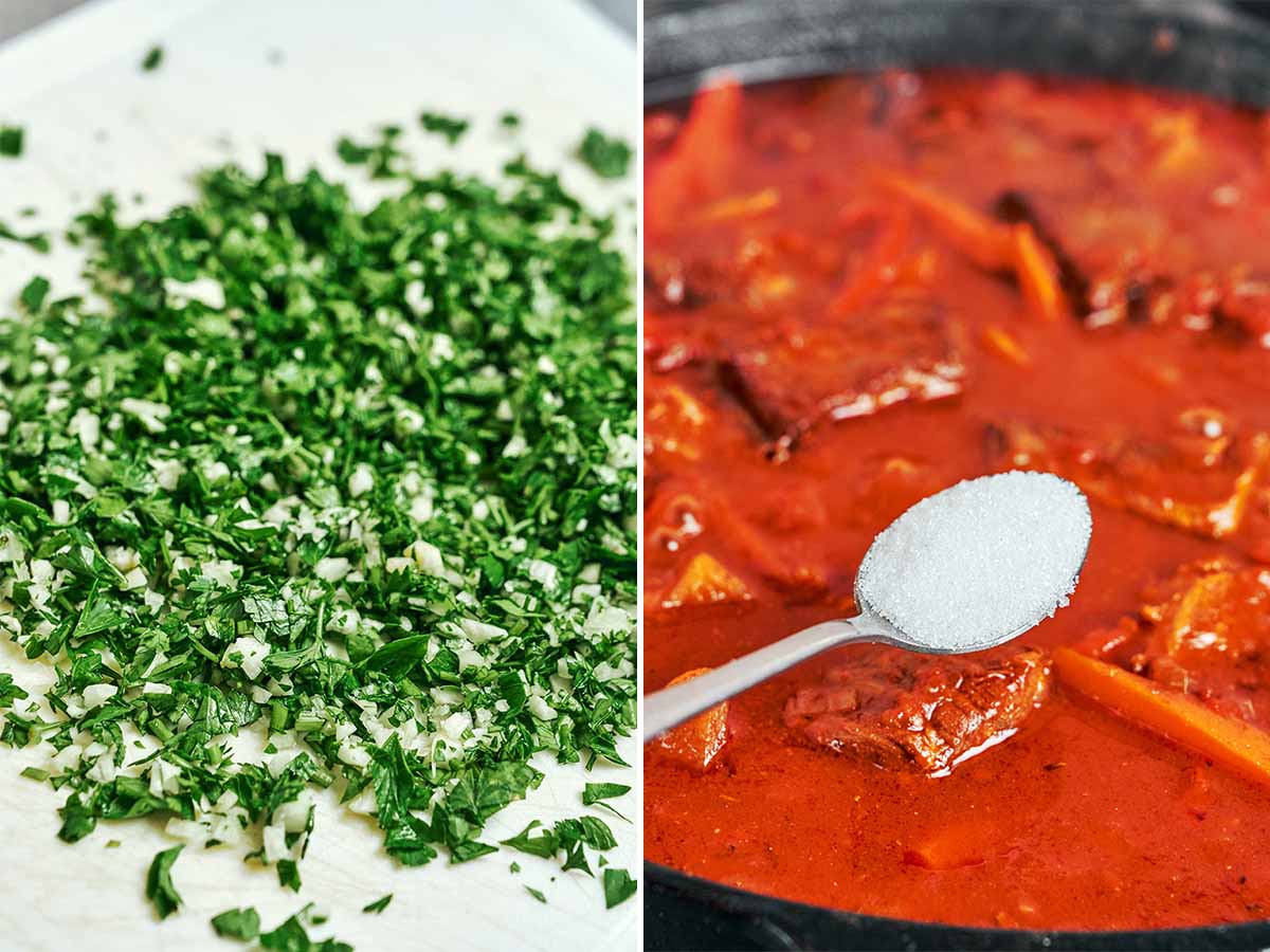 Fresh parsley and garlic finely chopped for the finishing touch, with a spoonful of sugar ready to stir into the tomato sauce.