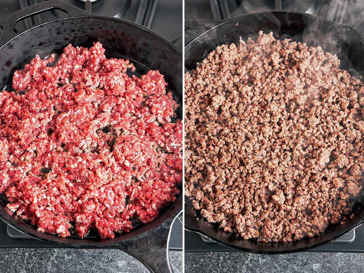 Ground beef sizzling in a cast-iron skillet, shown from just-added to deeply browned and crumbly.