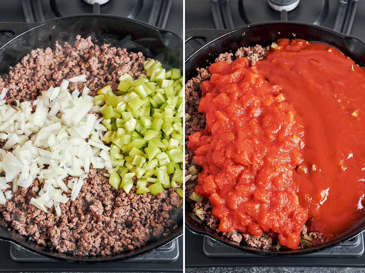 Browned ground beef with onion and green bell pepper, followed by crushed tomatoes and tomato sauce going into the skillet.