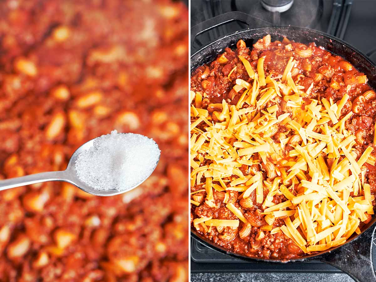Sugar and butter stirred into the thickened beef and macaroni, followed by a generous layer of shredded cheddar melting over the skillet.