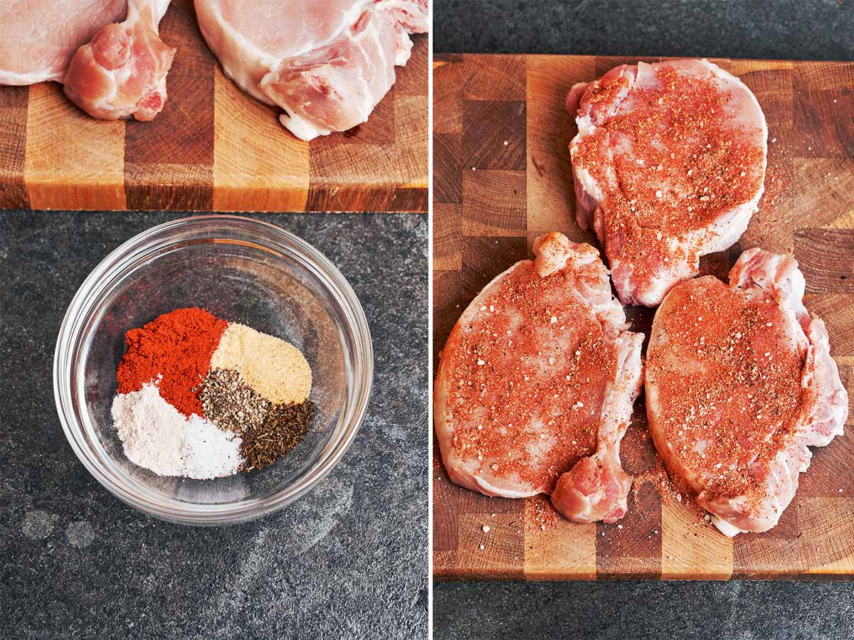 Bone-in pork chops ready for the skillet, seasoned generously with paprika, garlic, thyme, salt, and black pepper.