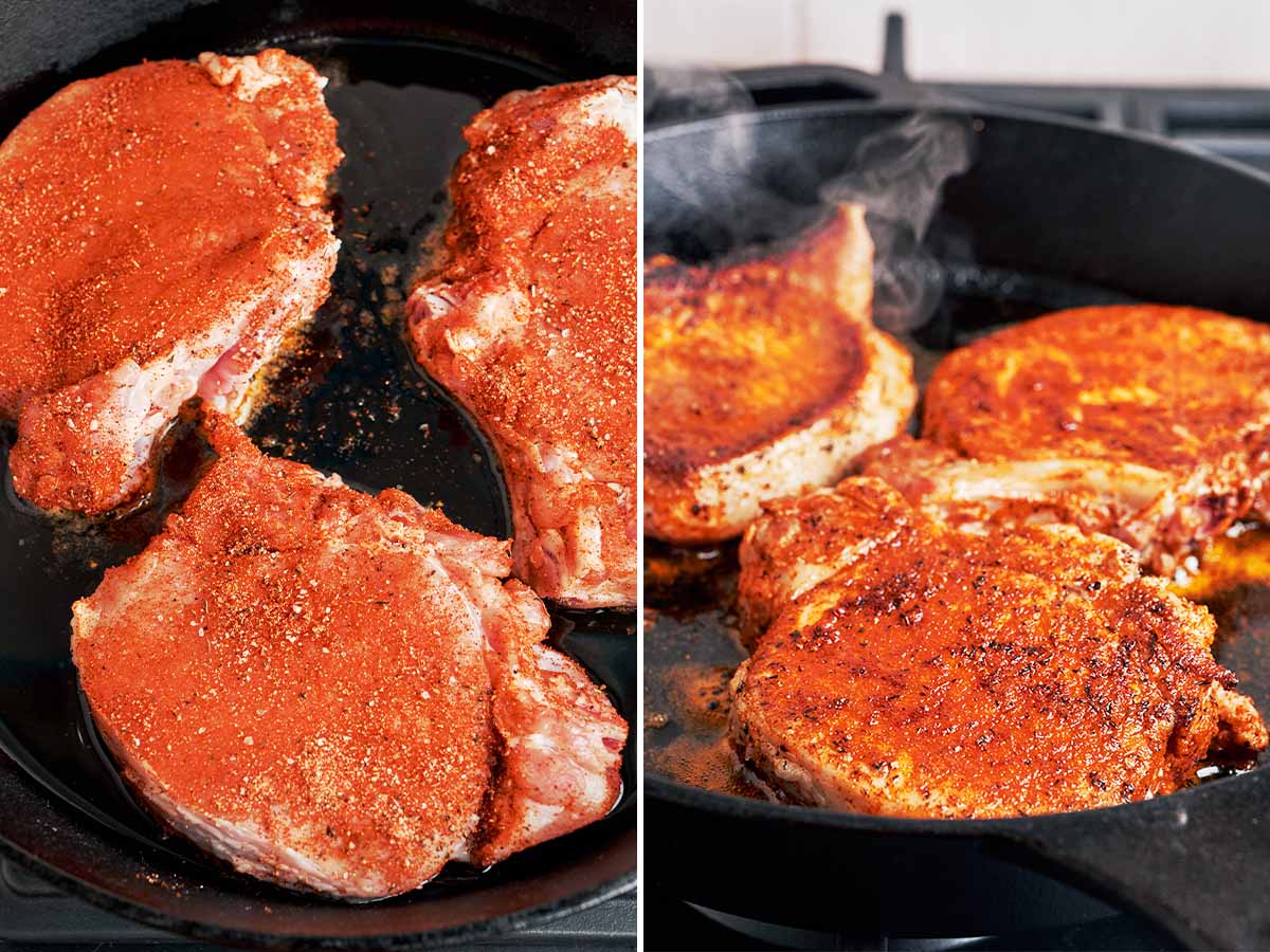 Seasoned bone-in pork chops searing in a hot cast-iron skillet until deeply golden on both sides.