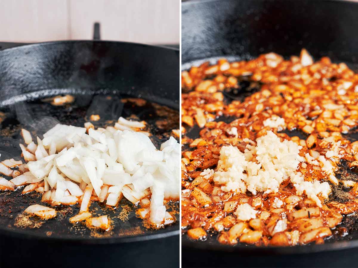 Chopped onion and fresh garlic cooking in the same skillet, soaking up all the browned pork flavor from the pan.