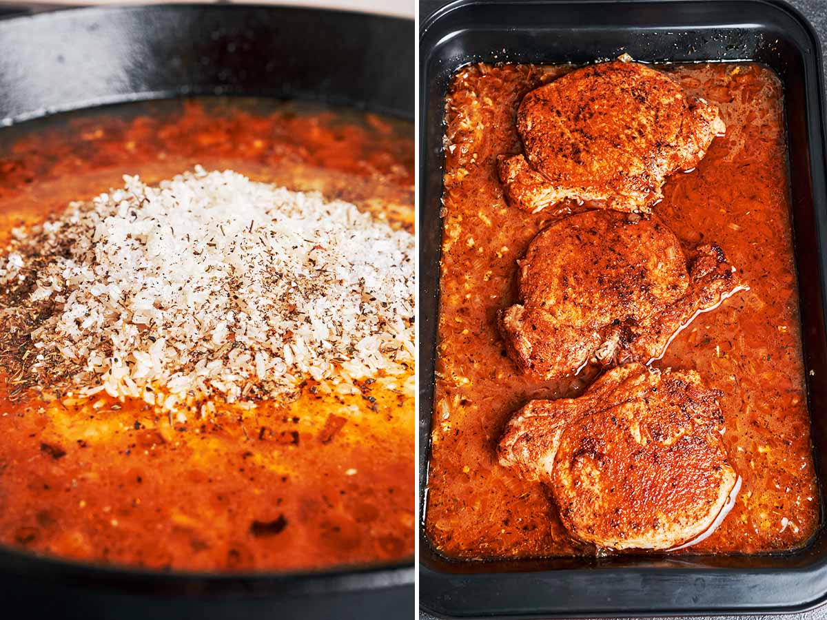 Rice stirred into the seasoned broth before the seared pork chops are arranged on top for baking.