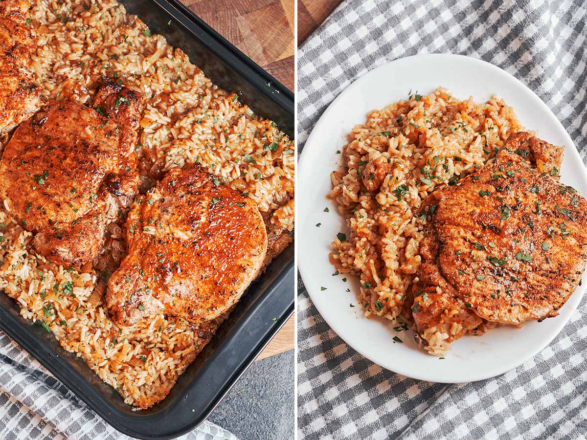 Juicy golden pork chops with fluffy savory rice, sprinkled with fresh parsley just before serving.