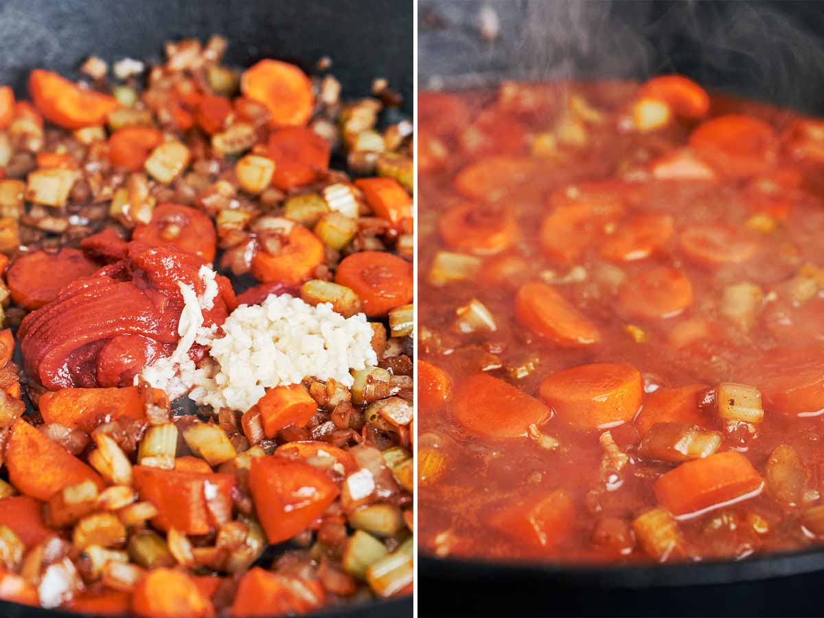 Softened vegetables with garlic and tomato paste, followed by a splash of beef broth to lift all the browned flavor from the skillet