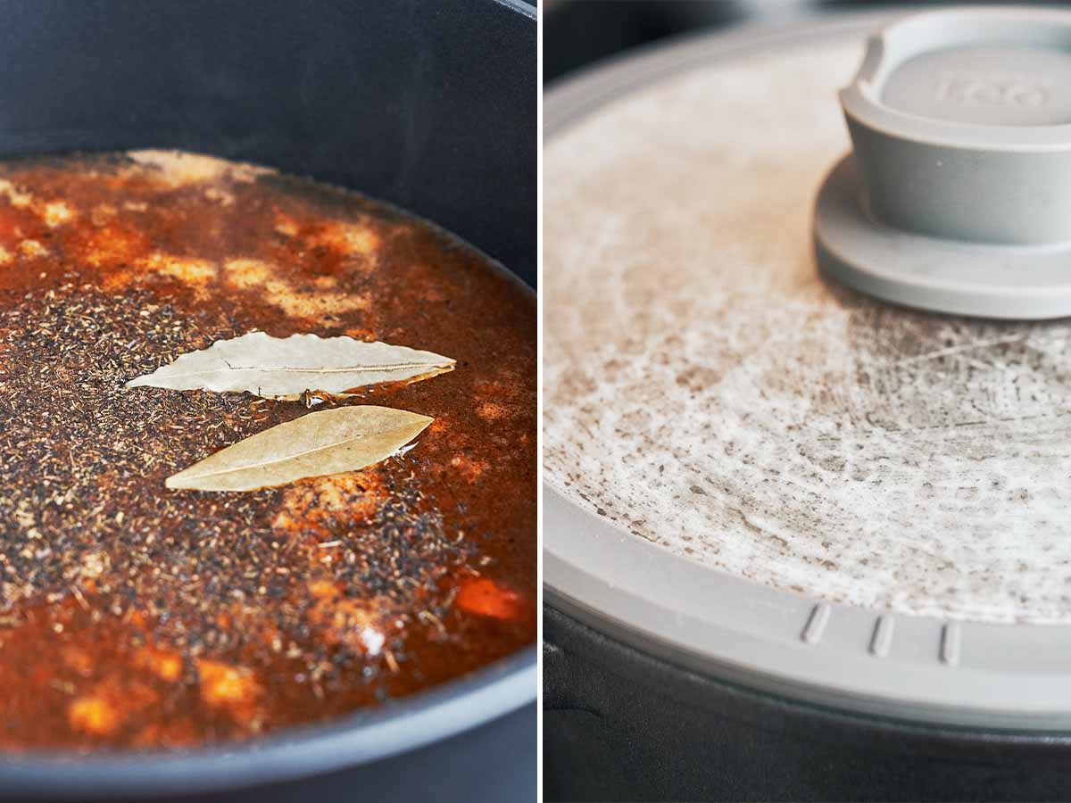 Thyme and bay leaves settling into the rich beef broth before the soup is covered and left to gently simmer