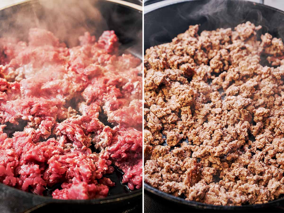 Ground beef sizzling in a hot skillet, shown before and after browning into rich, golden-brown crumbles.
