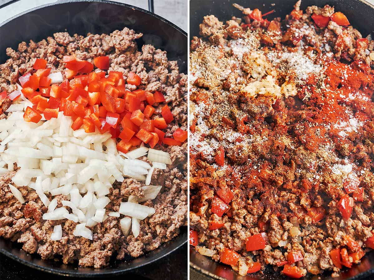 Diced onion and fresh red bell pepper added to browned ground beef, followed by a generous sprinkle of warm, smoky spices.