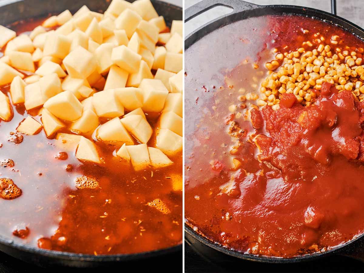 Freshly diced potatoes added to the warm, seasoned broth, followed by sweet corn, diced tomatoes, and rich tomato sauce.