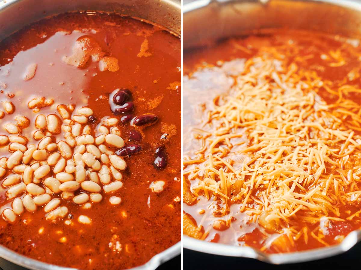 Pinto and kidney beans stirred into the rich tomato broth, followed by a handful of freshly shredded cheddar melting into the hot soup.
