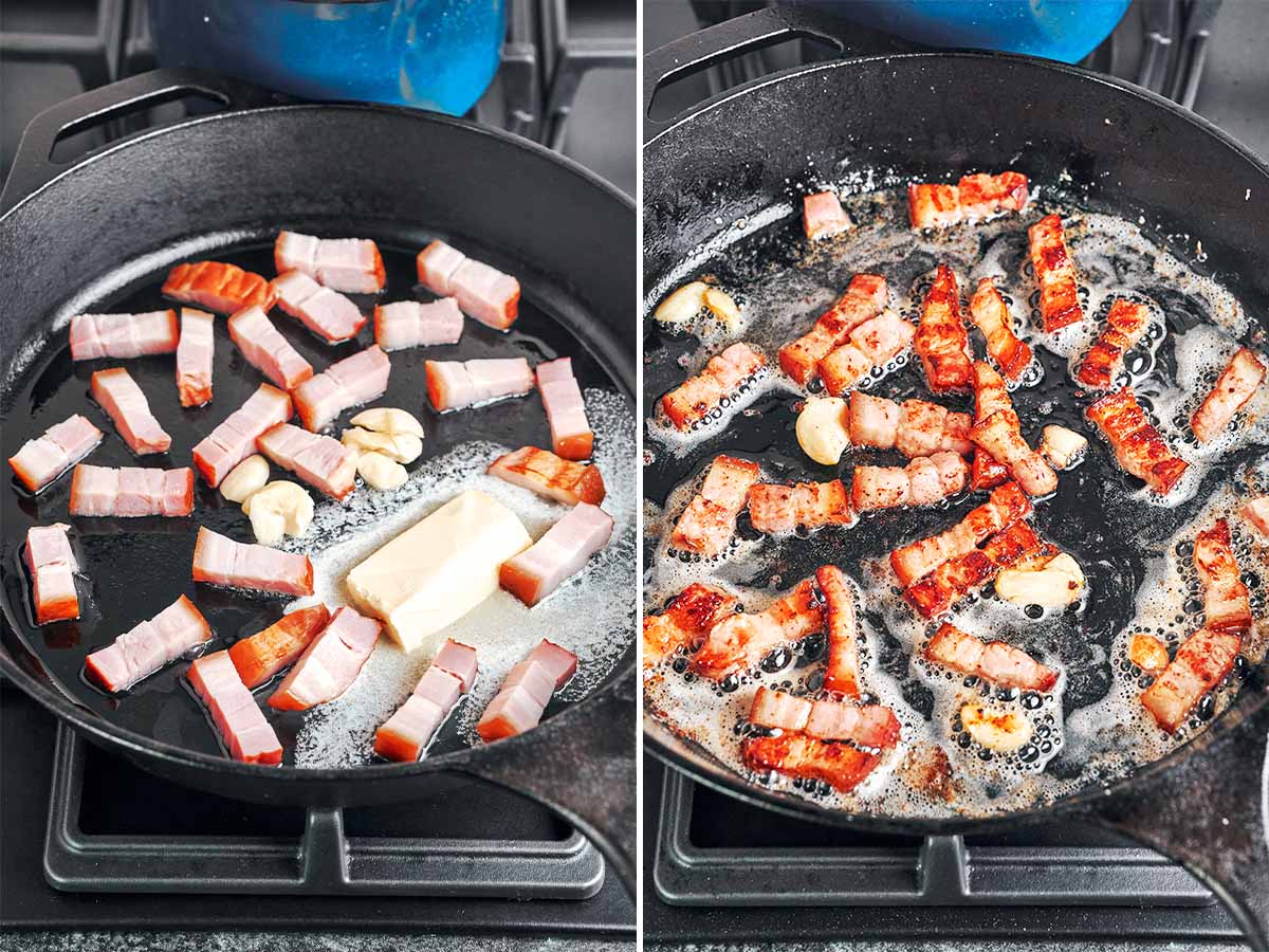 Thick pieces of bacon turning golden alongside smashed garlic in bubbling butter in a cast iron skillet.