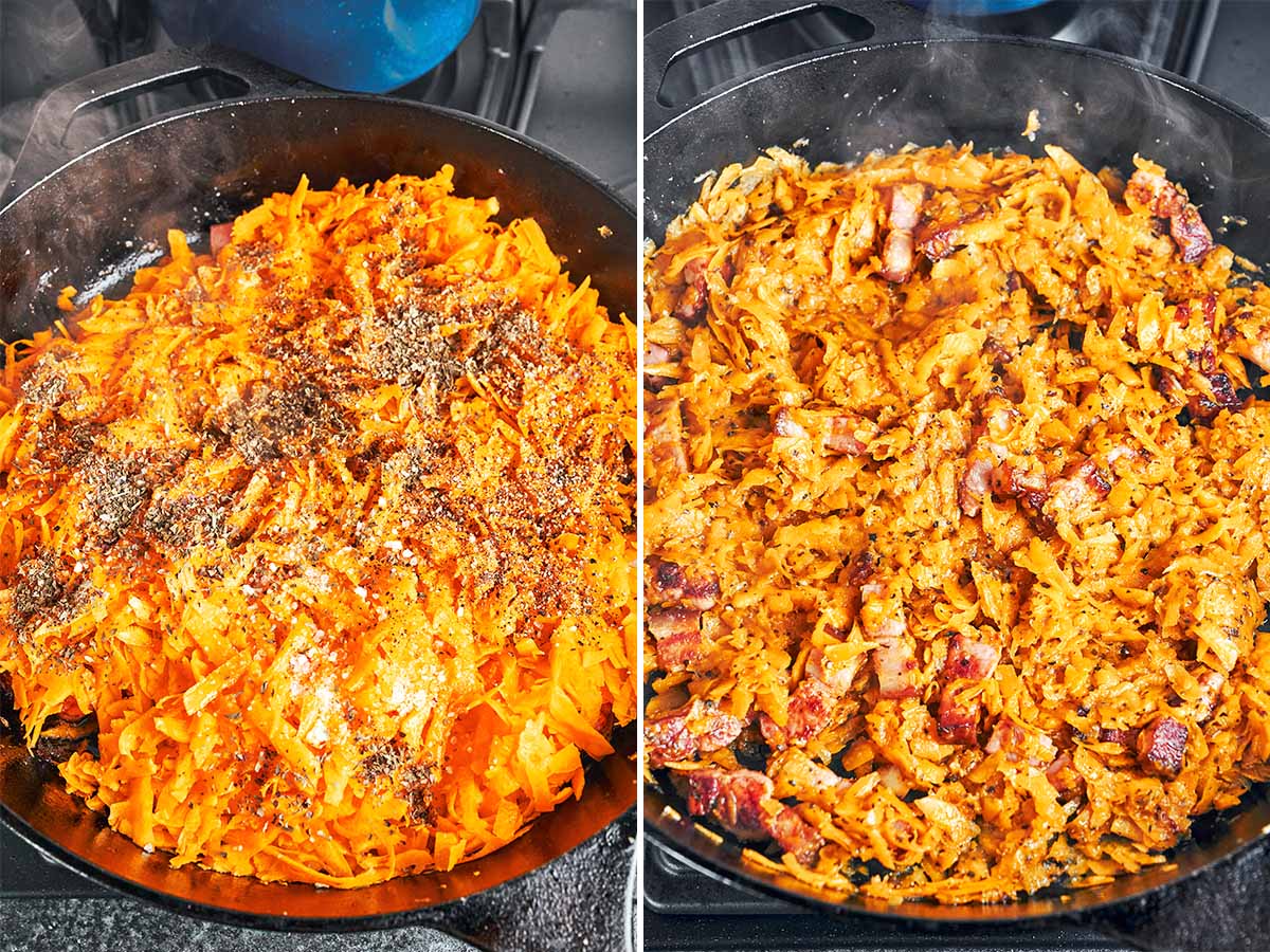 Freshly grated pumpkin sprinkled with dried basil and black pepper, then cooked down with golden pieces of bacon.