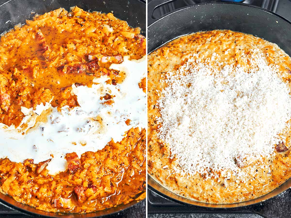 Heavy cream added to the tender pumpkin and bacon, followed by a generous layer of finely grated Parmesan.