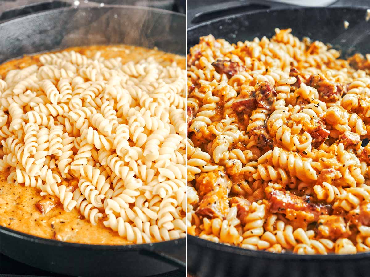 Warm fusilli added to the creamy pumpkin sauce, then tossed until the spirals are coated with tender pumpkin and golden bacon.