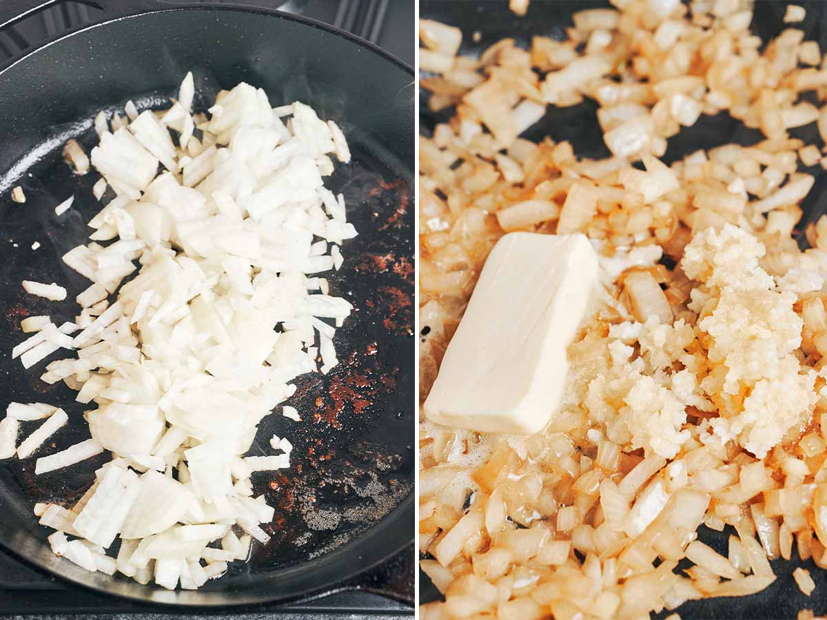 Chopped onions turning golden in the pork drippings, with butter and minced garlic added to the skillet.