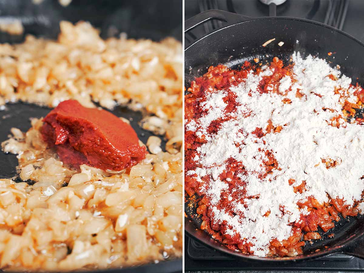 Tomato paste added to golden onions, followed by sweet paprika and a dusting of flour to build the gravy.