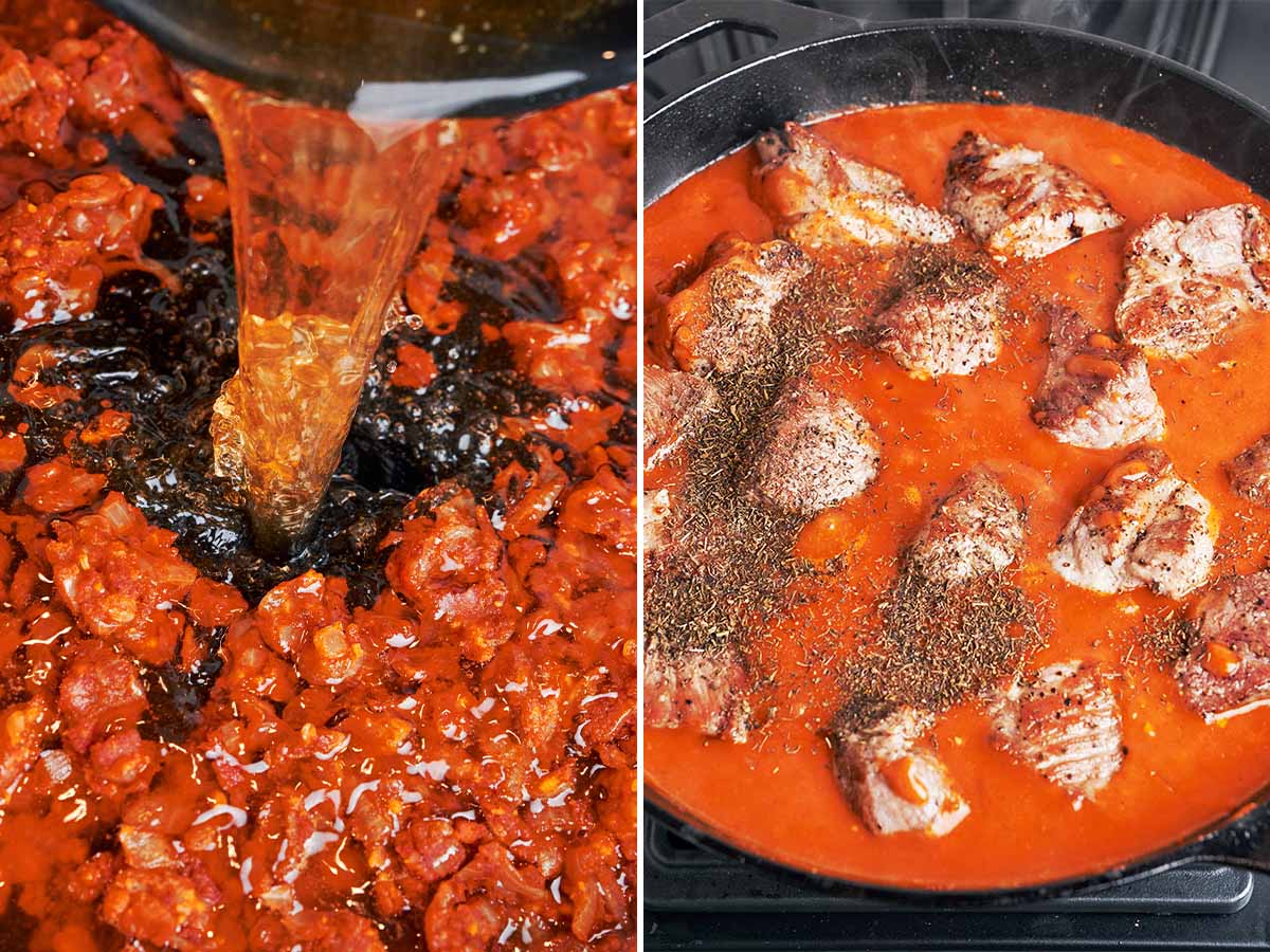 Beef stock poured into the onion and tomato base, then browned pork nestled into the gravy with a sprinkle of thyme.