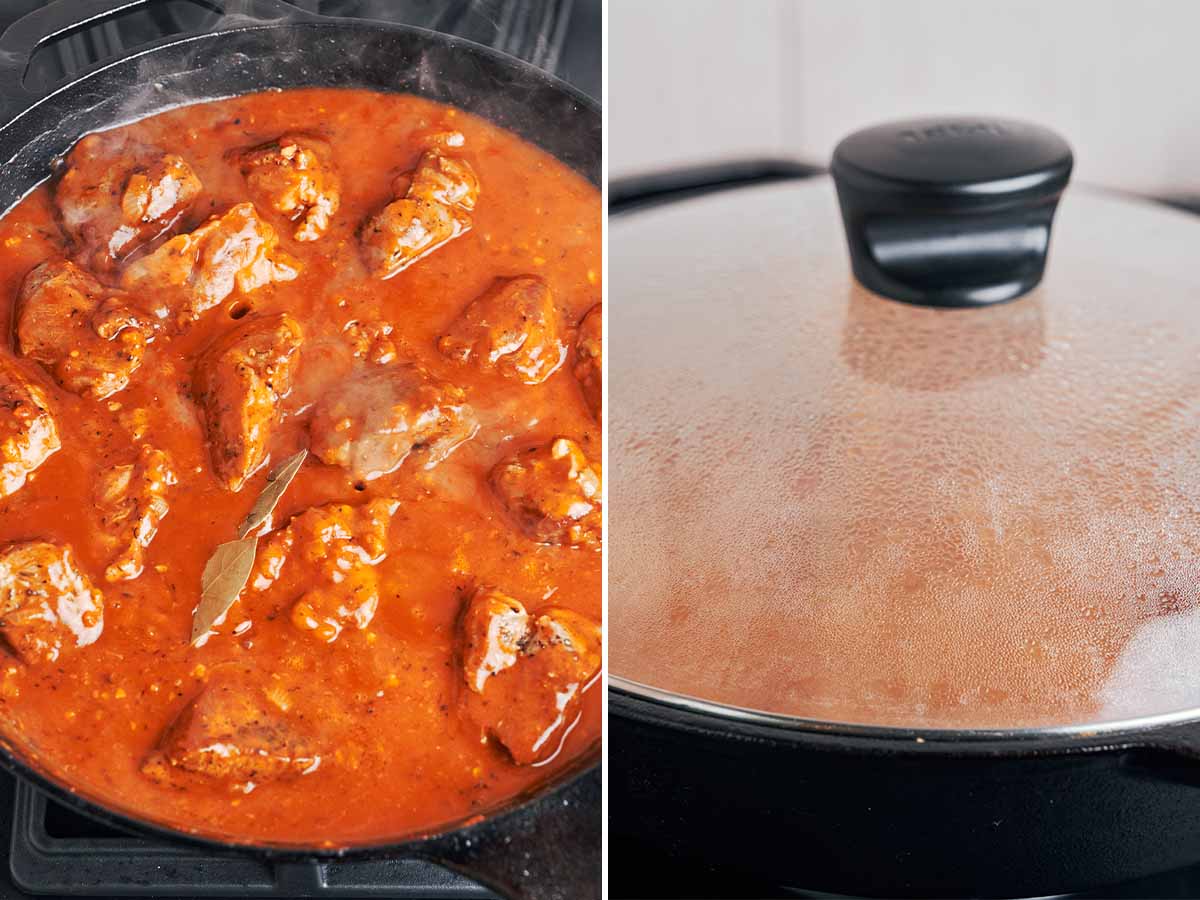 Pork simmering in rich gravy with bay leaves, then covered with a glass lid as steam gathers underneath.
