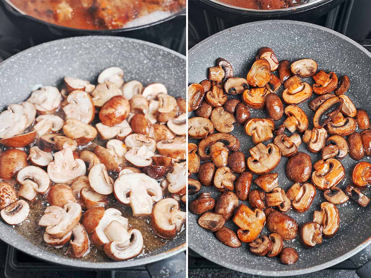 Thick-sliced cremini mushrooms sizzling in butter and turning golden brown in a separate skillet.