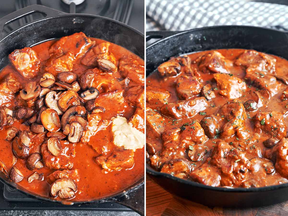 Golden mushrooms and a dollop of Dijon added to the pork, followed by the finished stew coated in rich gravy and sprinkled with parsley.
