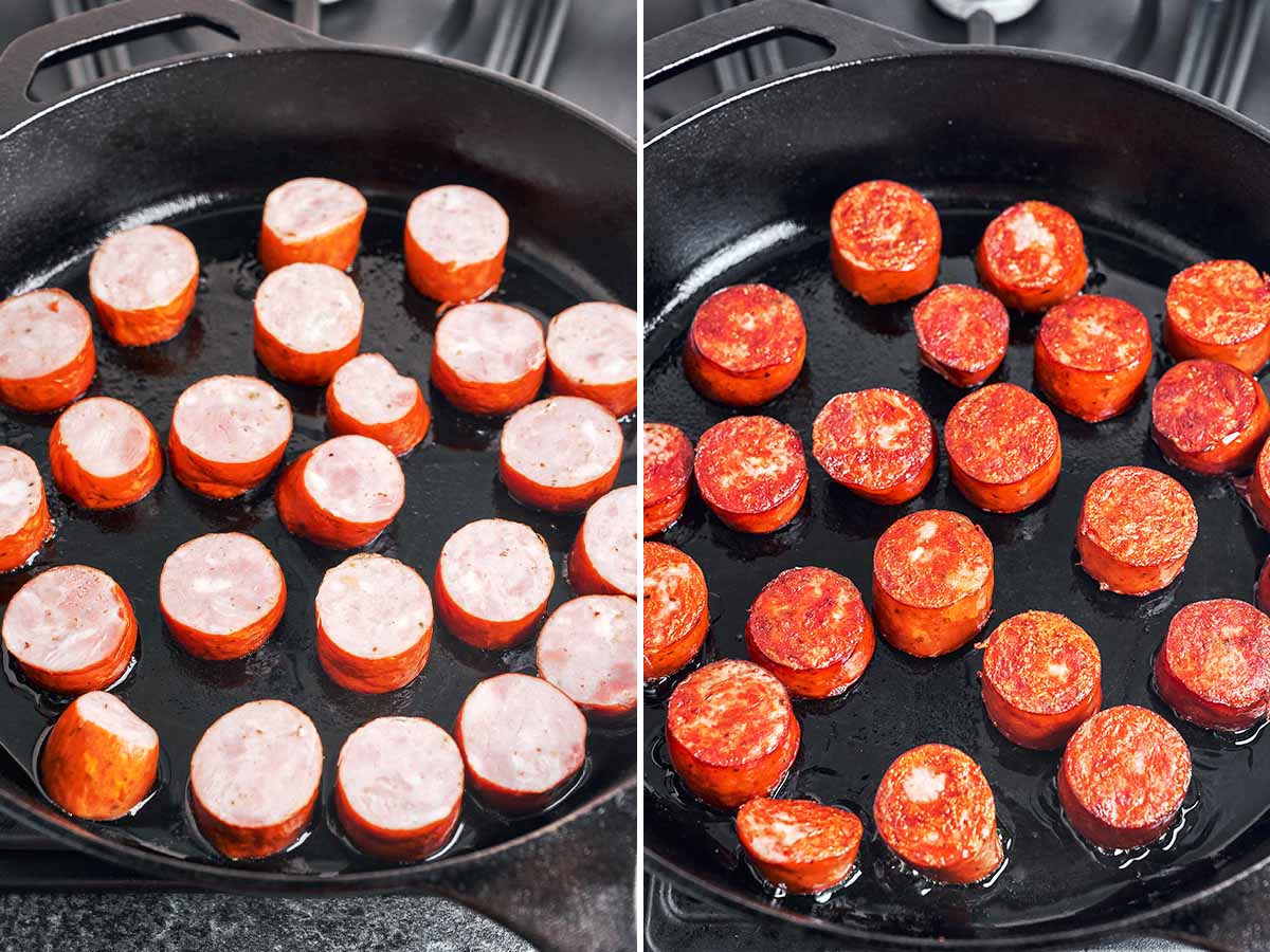 Thick slices of smoked sausage sizzling in a cast iron skillet, turned to reveal their golden-brown crust.