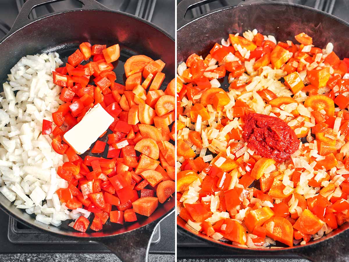 Onion, carrot, and red bell pepper softening in butter, with a spoonful of tomato paste added to the warm skillet.