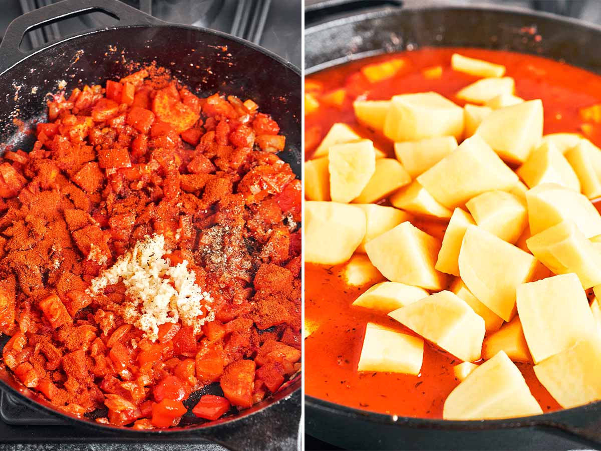Garlic and sweet paprika over softened vegetables, followed by chunky potatoes nestled in the deep red broth.