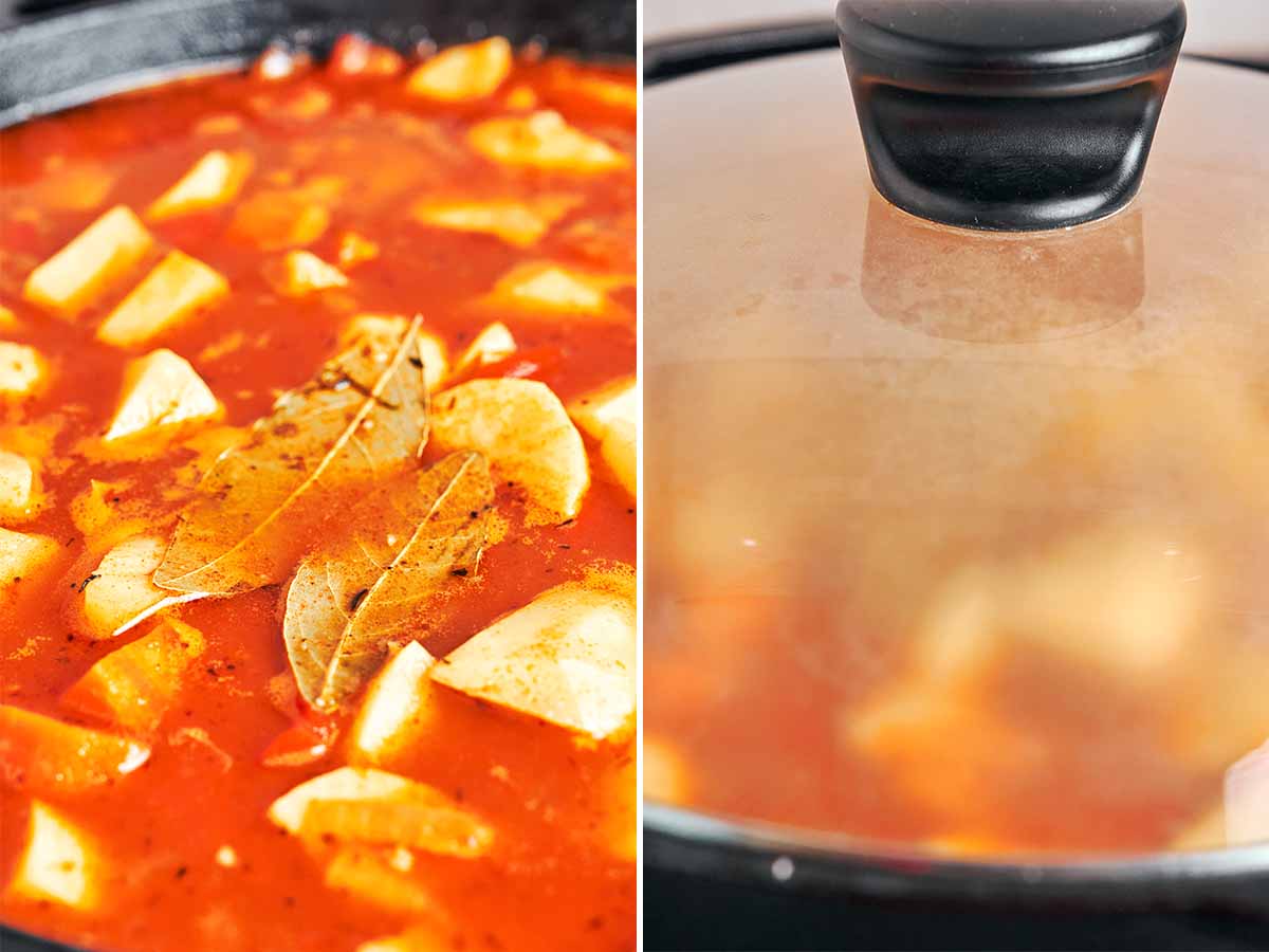 Bay leaves resting among potato chunks in paprika broth, then covered with a glass lid as the stew gently simmers.