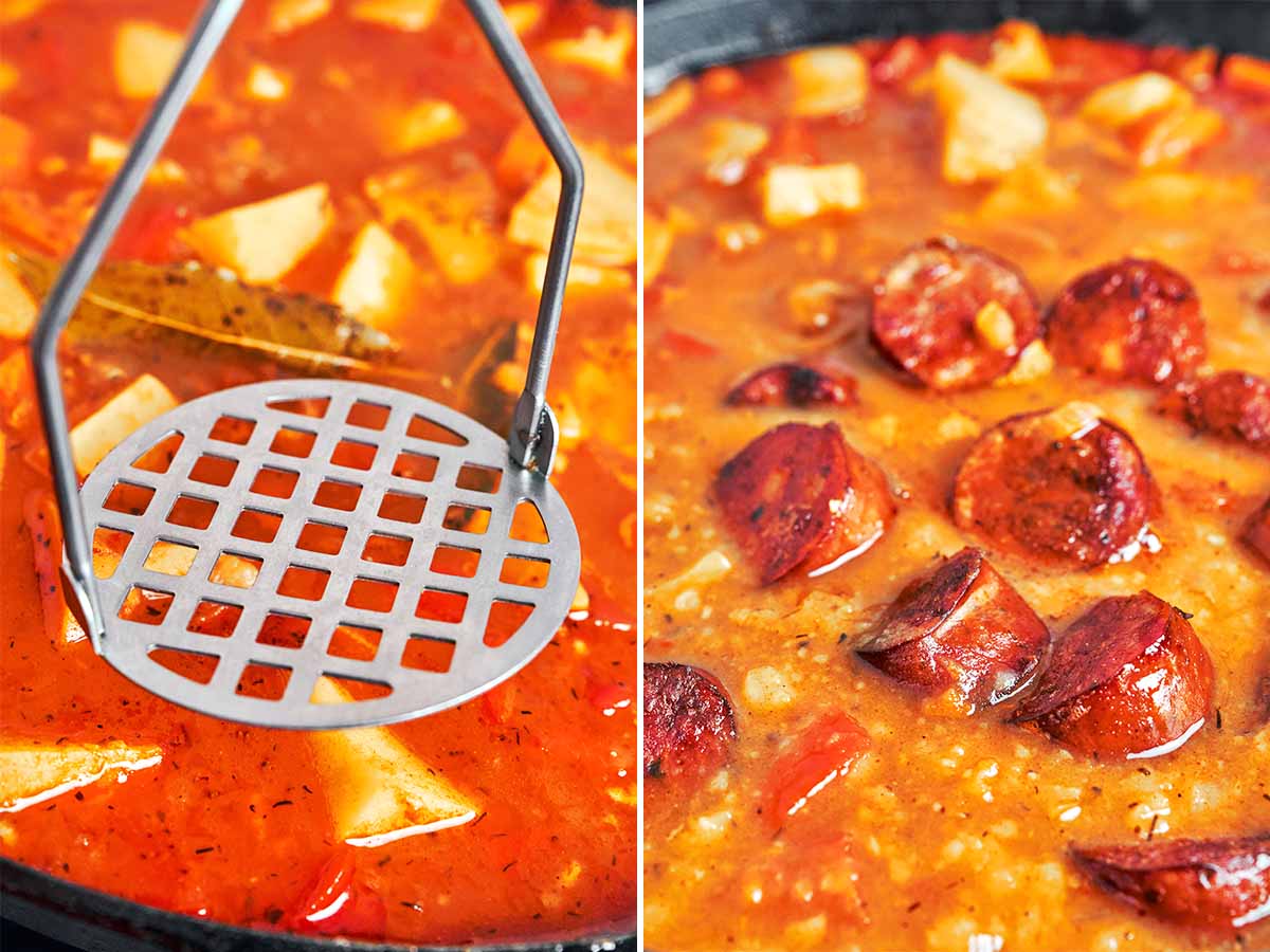 Mashing a few tender potatoes into the broth, then adding golden-brown sausage slices back to the thickened stew.