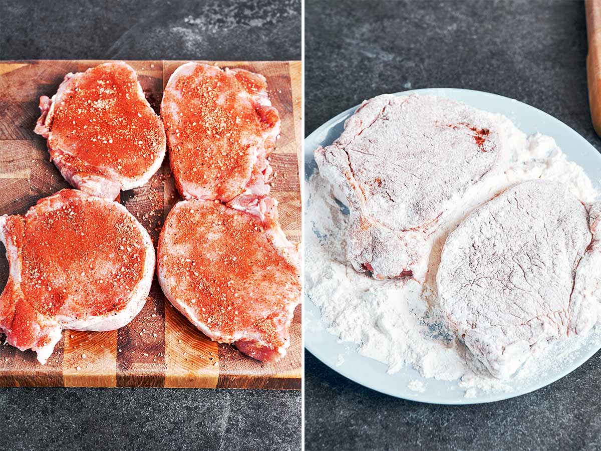Seasoned bone-in pork chops on the cutting board, then lightly dredged in flour and ready for the skillet.