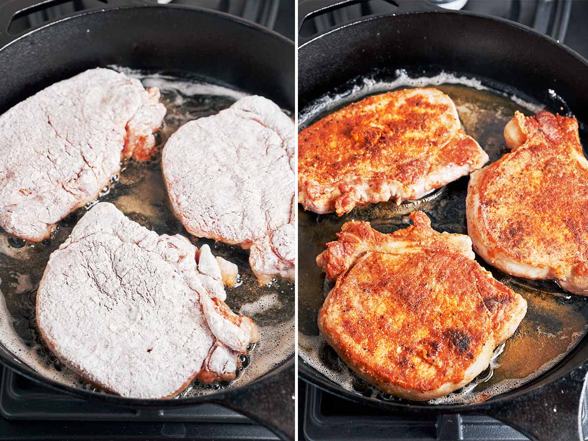 Lightly floured bone-in pork chops sizzling in a cast-iron skillet, then browned until deeply golden on both sides.