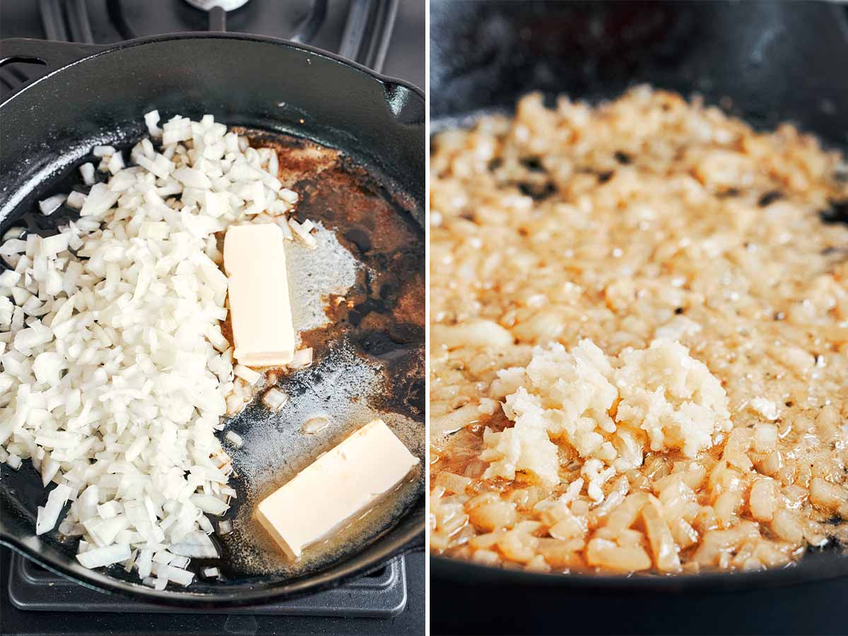 Finely chopped onions melting into butter in the skillet, then softened until golden with fresh garlic stirred in.