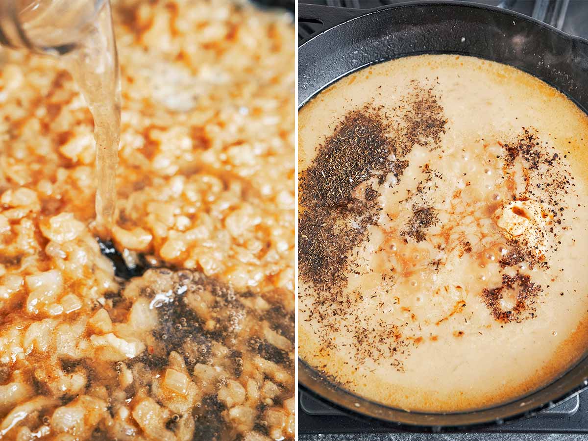 Chicken broth poured into the onion mixture, then seasoned with thyme, black pepper, Worcestershire, and Dijon as the gravy starts to come together.