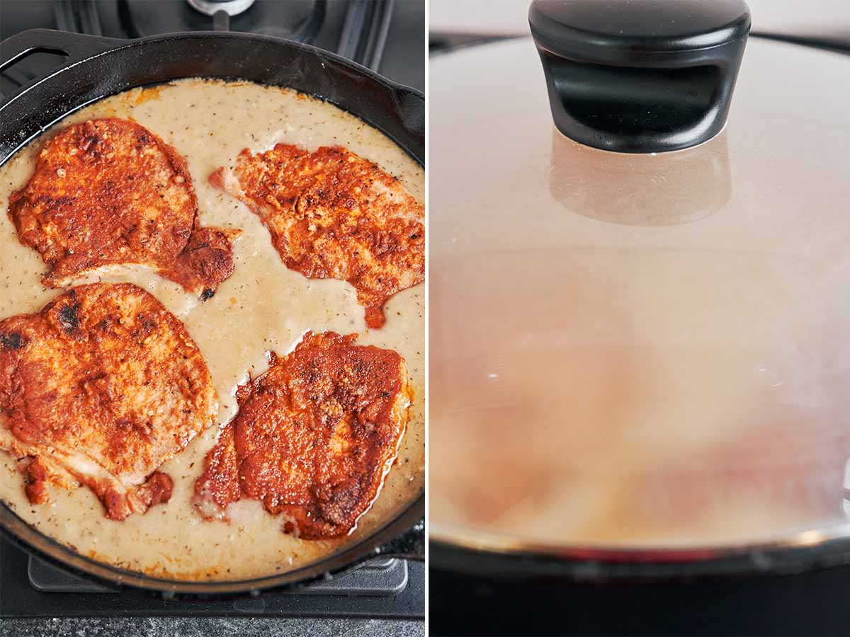 Golden pork chops nestled back into the onion gravy, then covered to gently simmer until tender and cooked through.